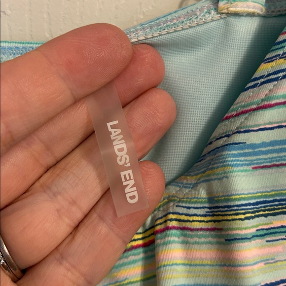 LANDS' END Striped Tankini Bathing Suit Top Cinched 14DD Aqua Adjustable Bra - Picture 2 of 8